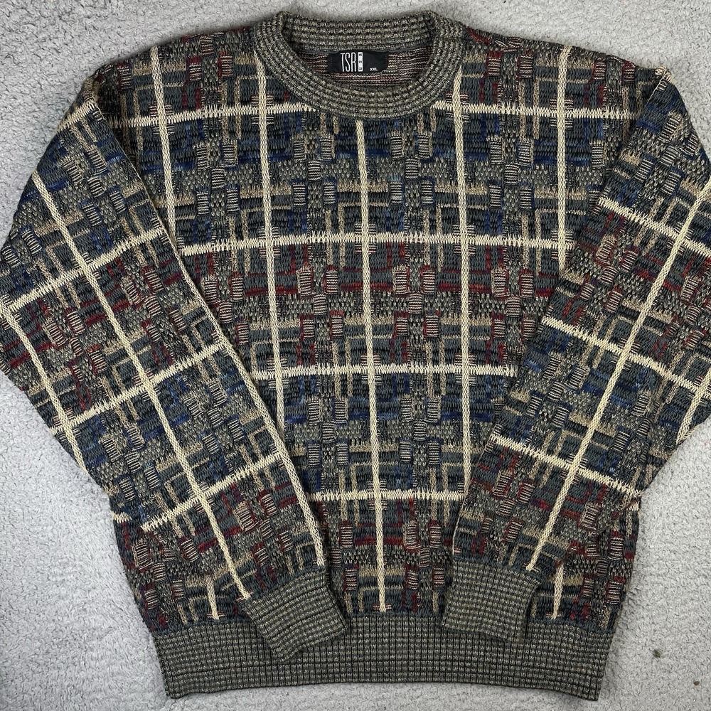 Vintage 90s TSR Knit Sweater Mens XXL Geometric Textured Grandpa Coogi Style